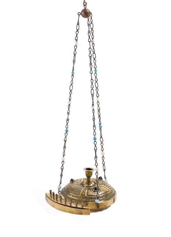 Hanging Hanukkah lamp modeled after ancient oil lamps